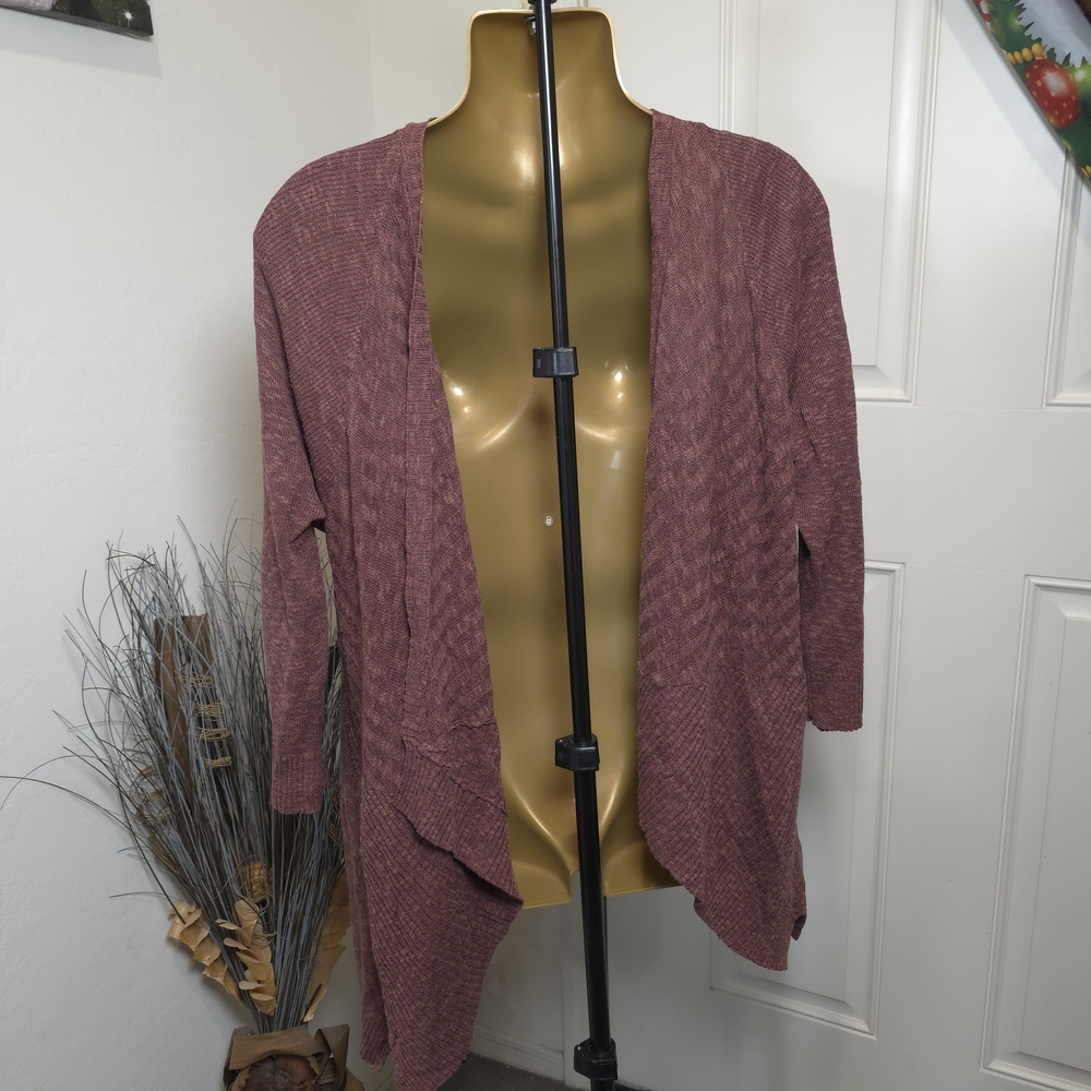 Eileen Fisher Wine Color 56%Linen Open Front 3/4 Sleeve Cardigan Asymmetrical S
